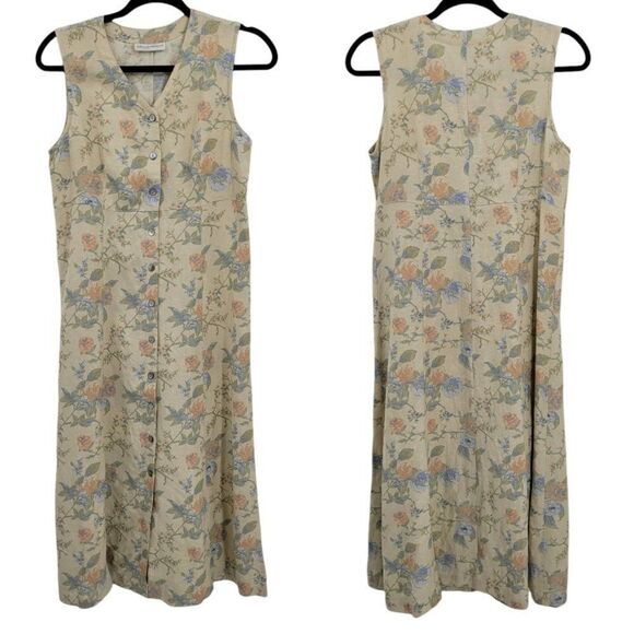 80's Country Linen Floral Sleeveless Button Down Prairie Maxi Dress Tan Sz 6P - Picture 1 of 11